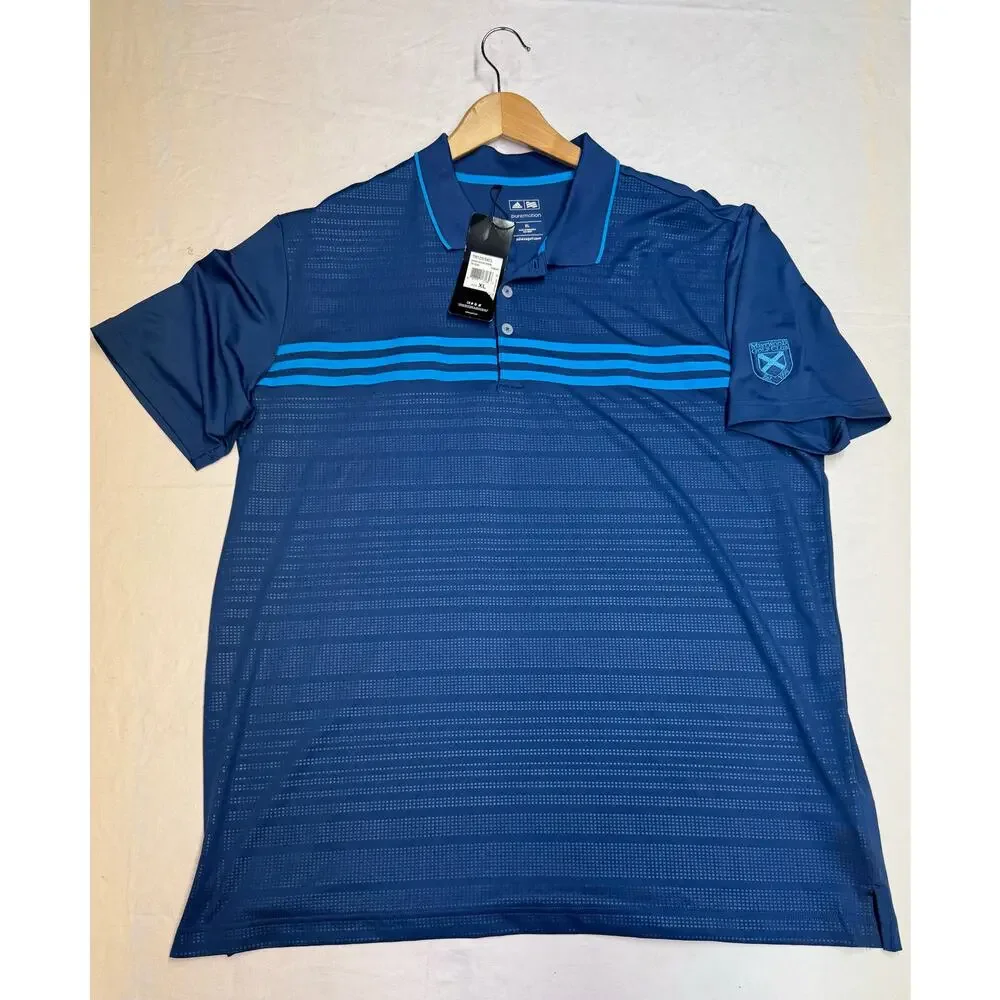 Adidas golf  polo shirt Mistwood Golf Club men’s size XL navy blue striped NWT